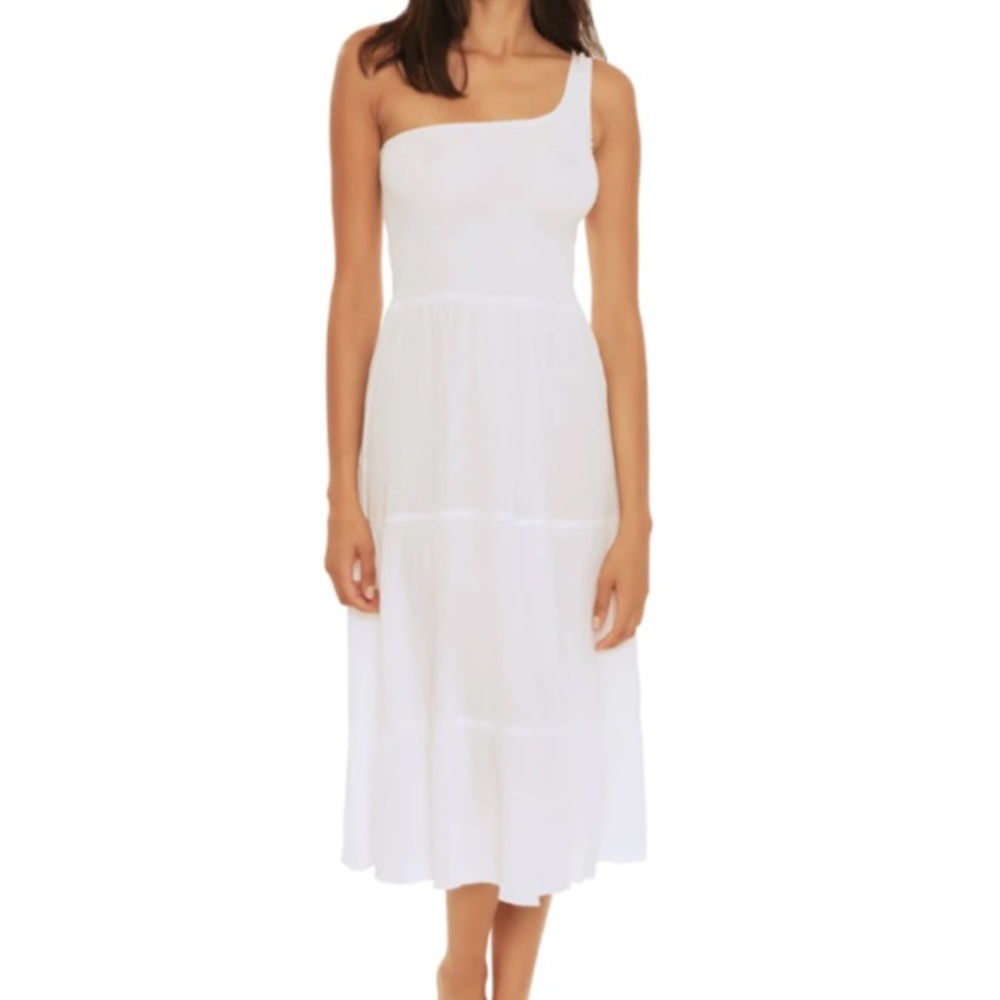 Becca Swim Women’s White Ponza One Shoulder Smocked Dress/Cover-Up Size M NWT
